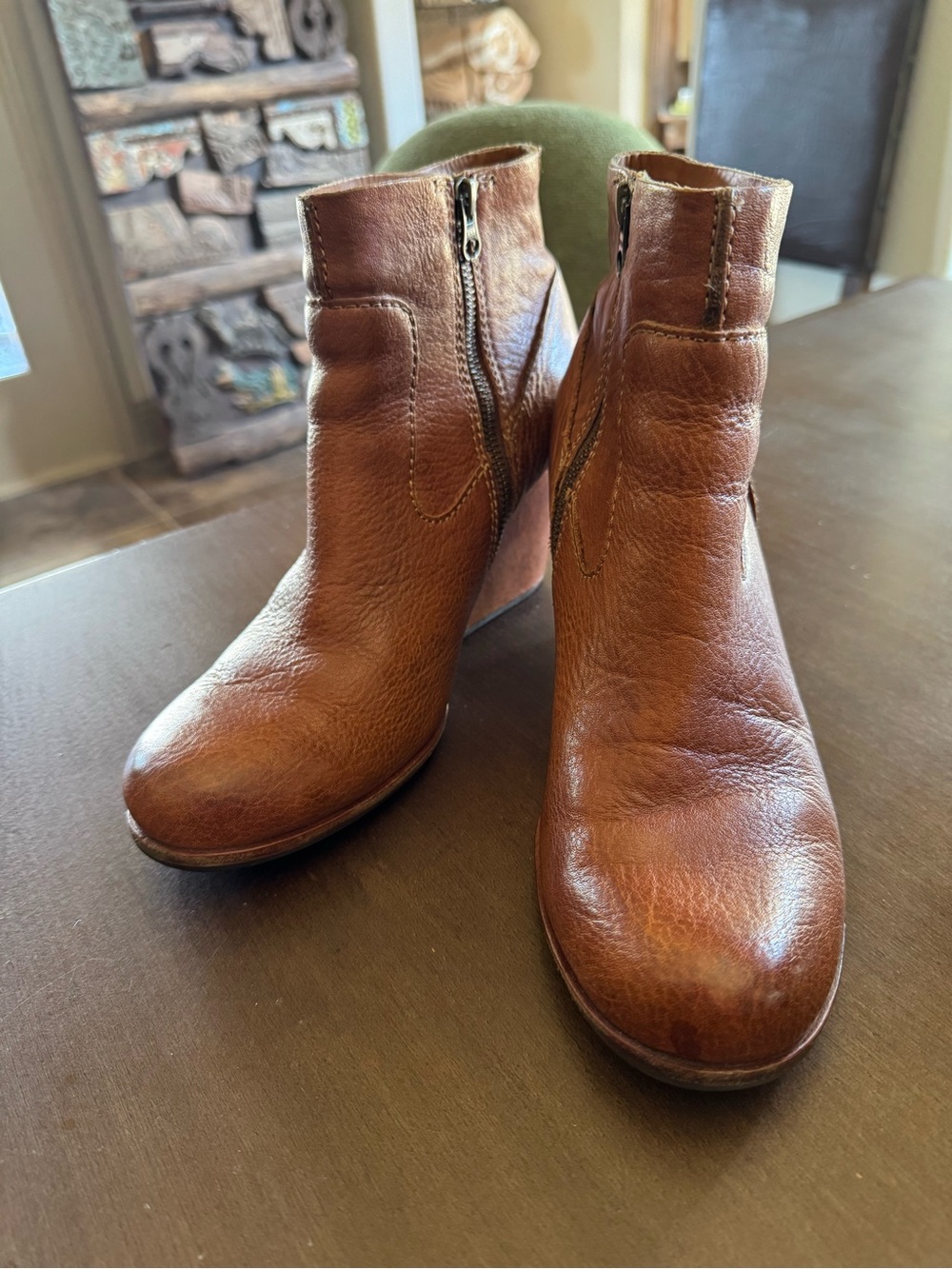 Kork-Ease Michelle Women's Cognac Brown Leather Wedge Ankle Booties Size 8.5